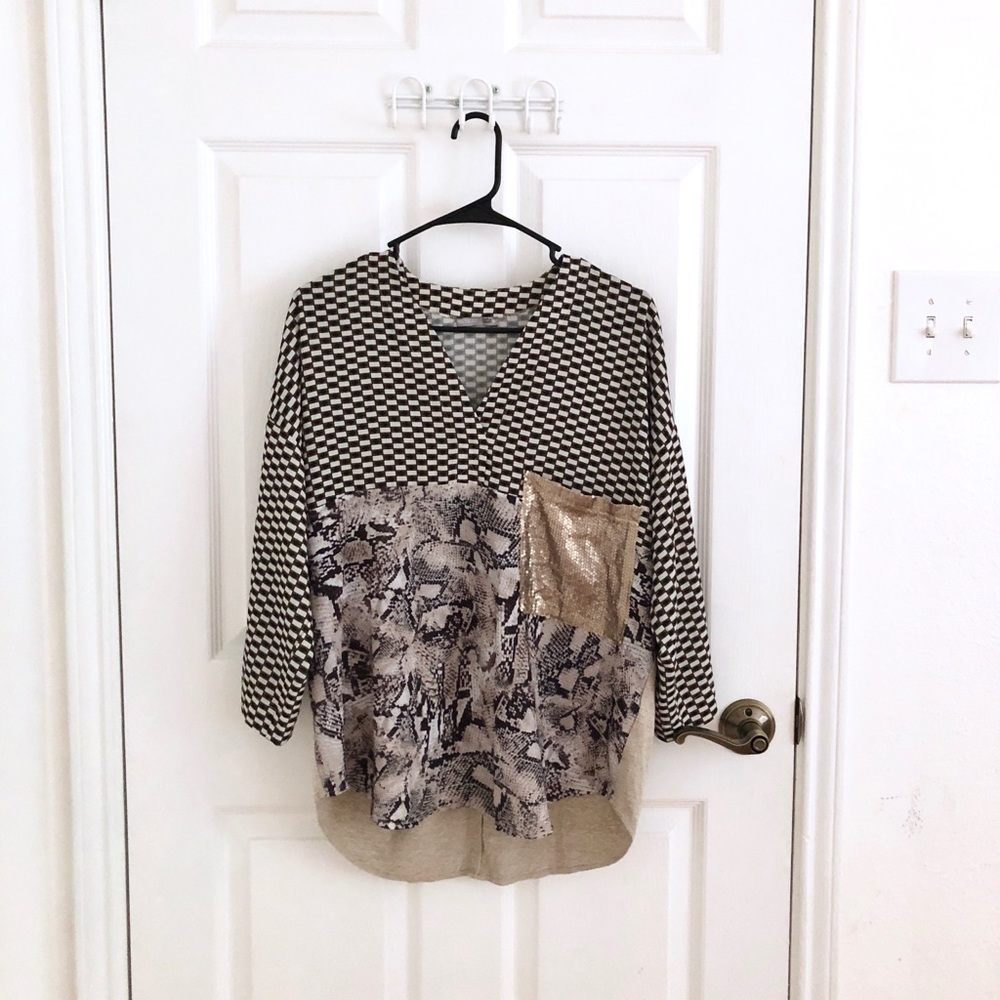 Zara V-neck multi-patterned top w/ sequin pocket